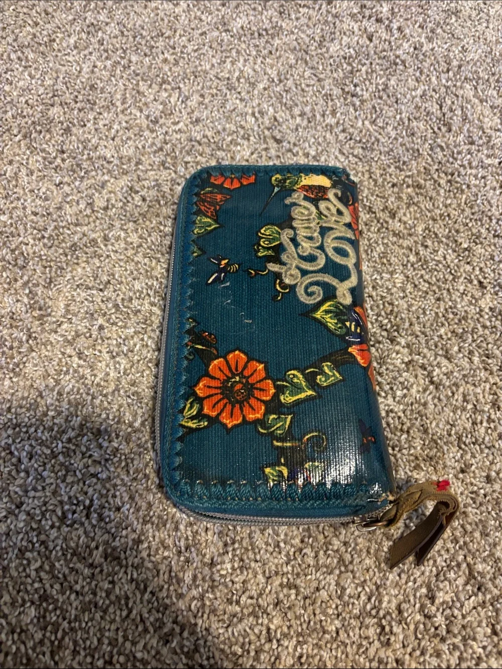 Sakroots Teal Floral Zip Phone Wallet Case with Orange Flowers
